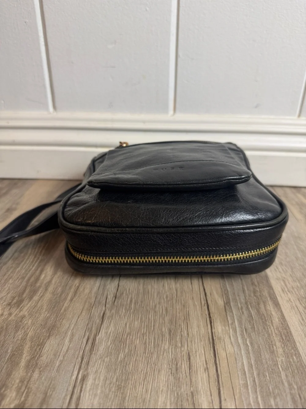 TUSK Black Leather Crossbody Bag Vintage Messenger Gold Hardware
